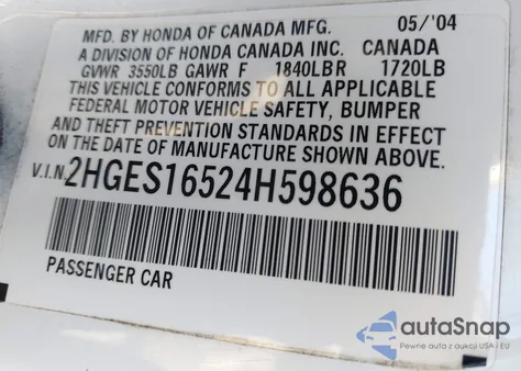 2004 Honda Civic Lx from USA, damaged, VIN 2HGES16524H598636